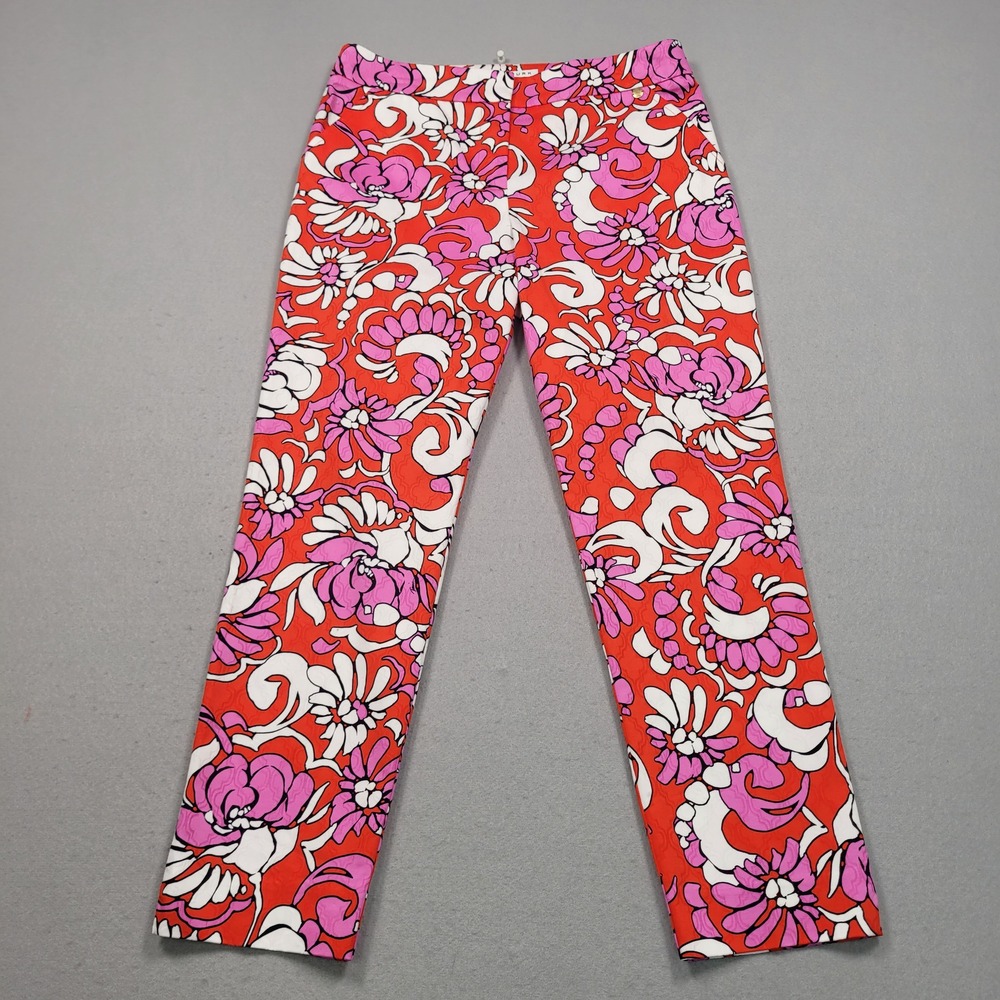 Trina Turk Womens Size 6 Floral Jacquard Pants Red Pink White Slim‎ Ankle Crop